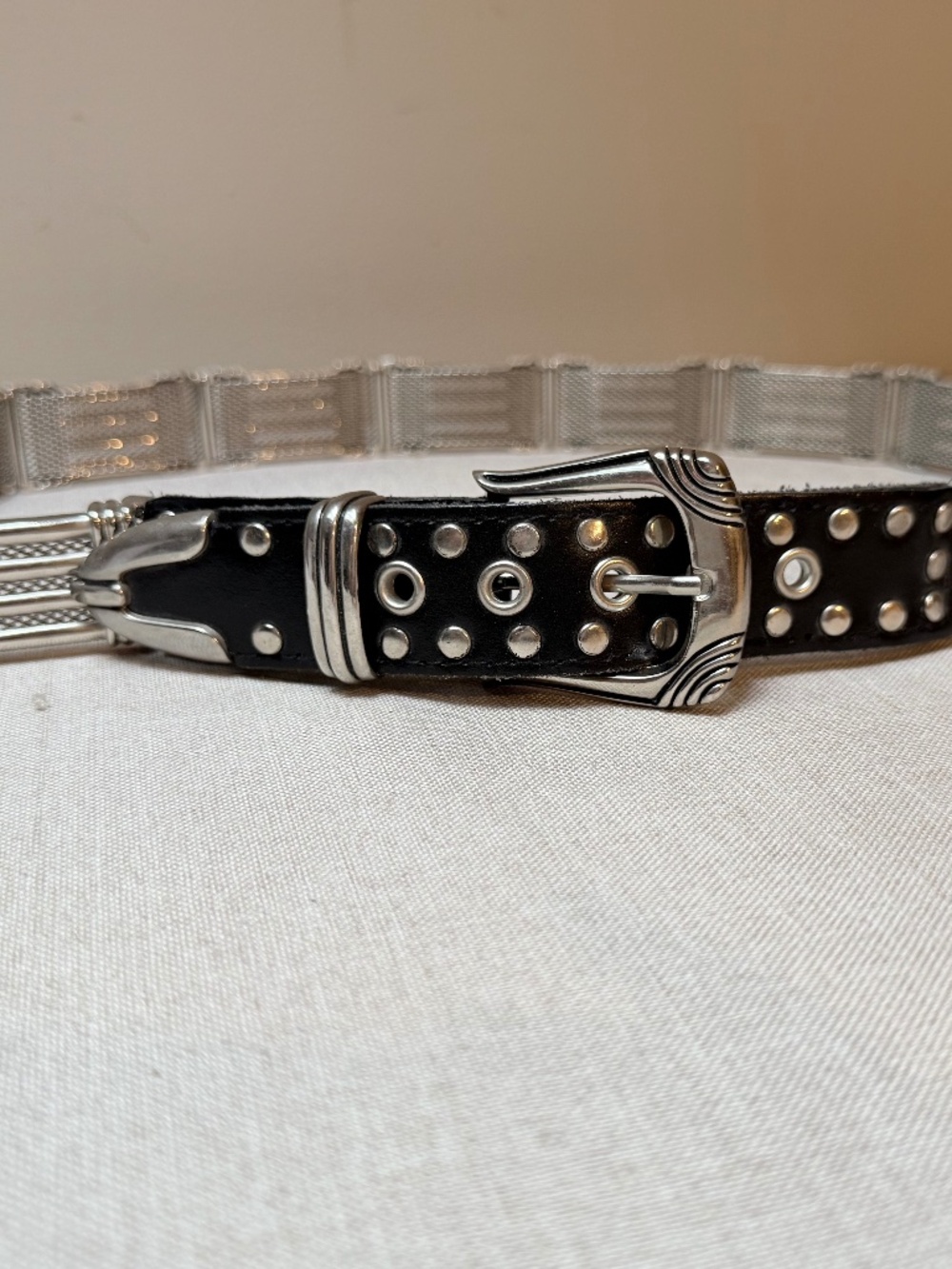 Vintage Black Leather and Silver Mesh Belt Size 34 Goth Punk Biker